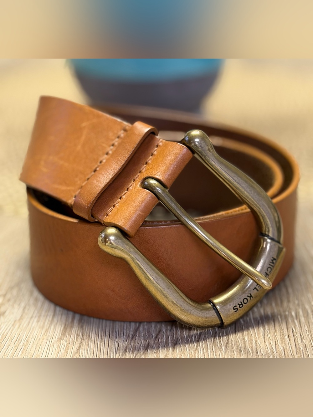 Michael Kors Womens Brown Leather Waist Belt Medium 2" Wide Thick Brass Buckle